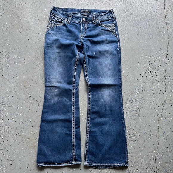 Silver Jeans Co Jeans Womens Size 32x30 Blue Flared Distressed Y2k Embroidered - Picture 3 of 6